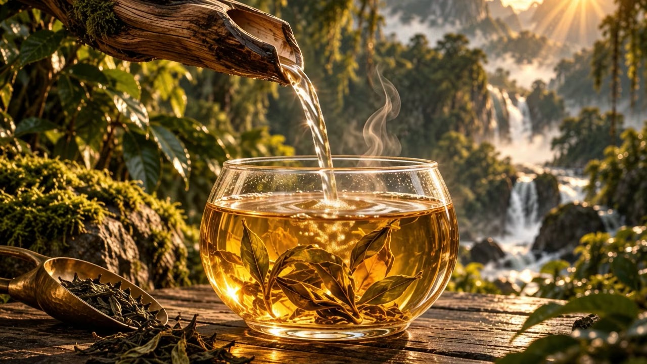 Water pours from carved wood into a round glass bowl of golden tea beside a forest waterfall