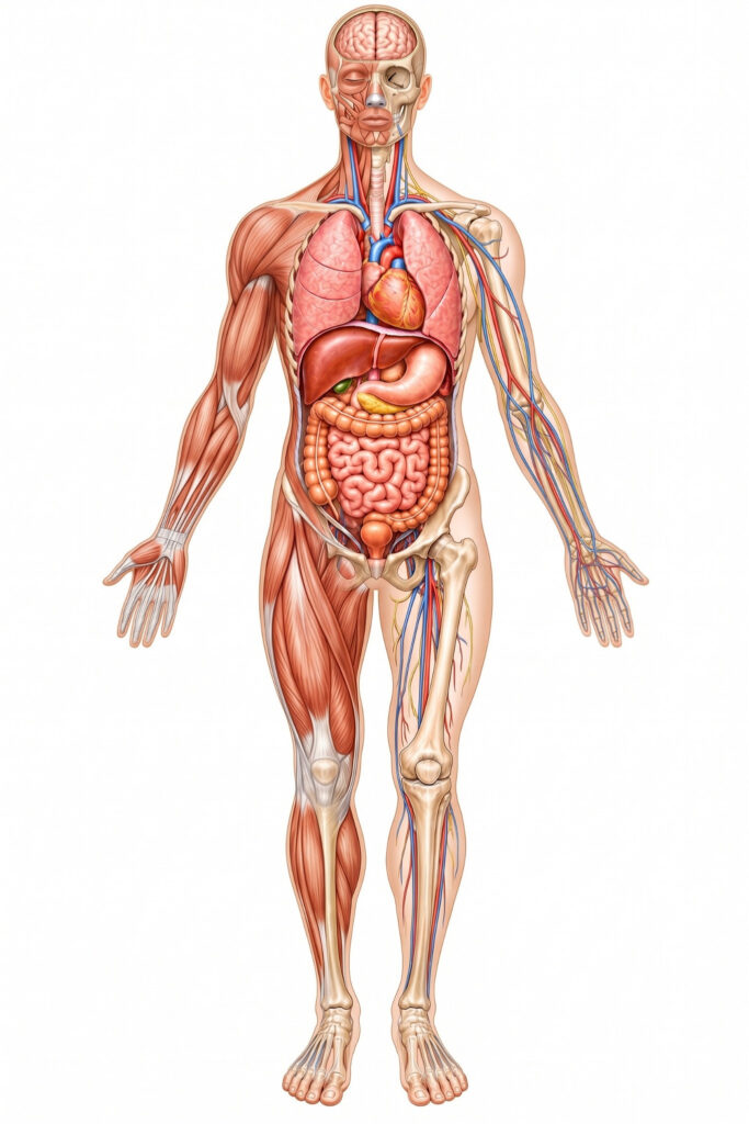 Anatomical illustration with the brain, heart, lungs and digestive organs visible
